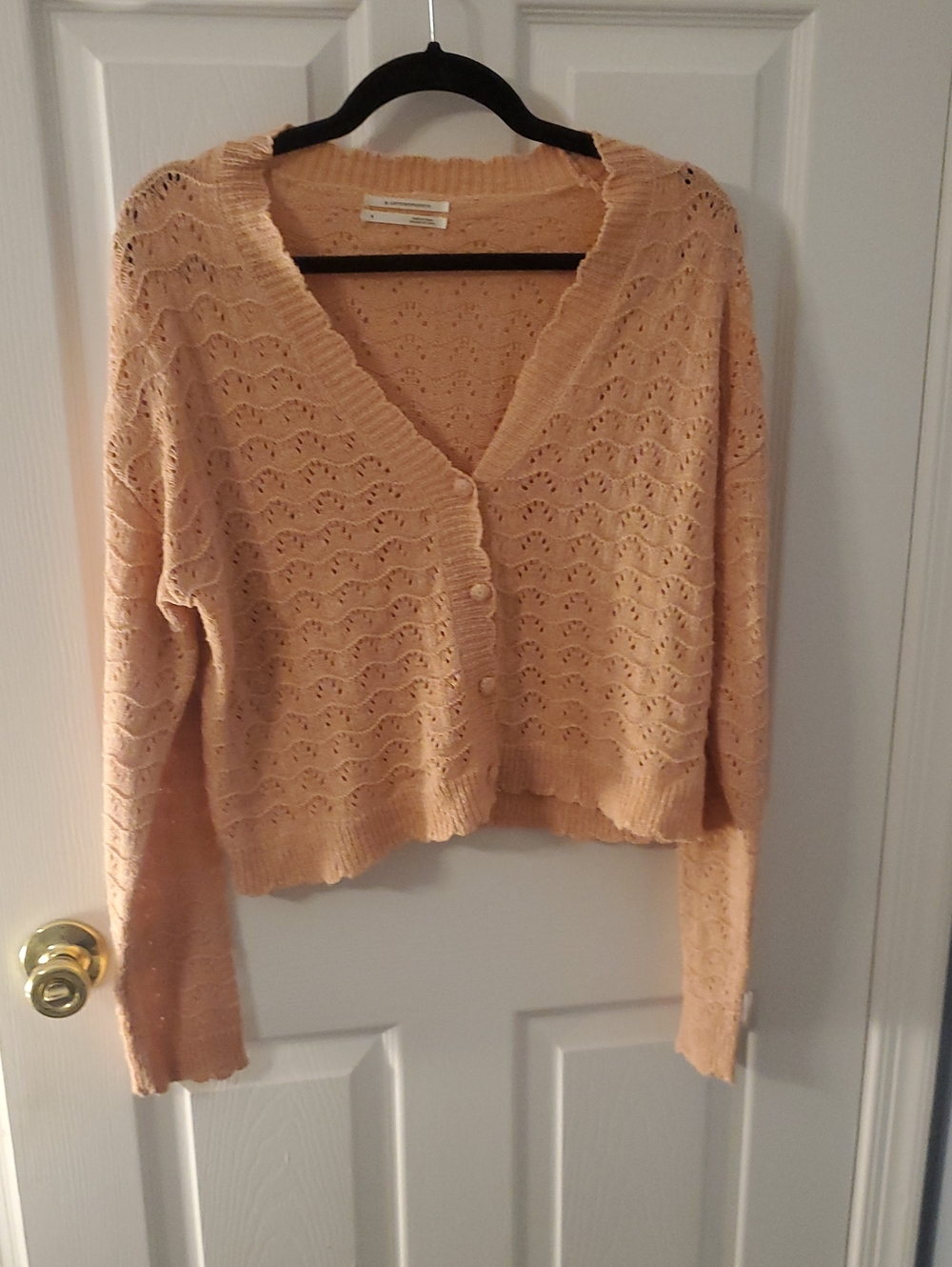 Anthropologie Pink Crochet Button Front V-Neck Cardigan